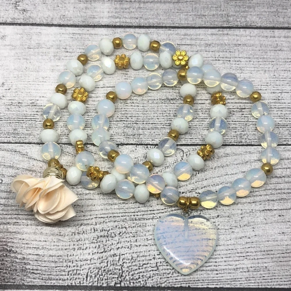 Bundle lot 3 opalite beaded charm bracelets statement boho festival layering
